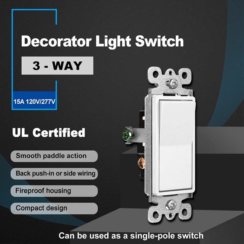 CML Hardware (20 Pack) Cml 3 Way Decorator Paddle Rocker Wall Light Switch, Single Pole Or Three Way, 15A 120/277V, On/Off Interrupter, White - Image 2